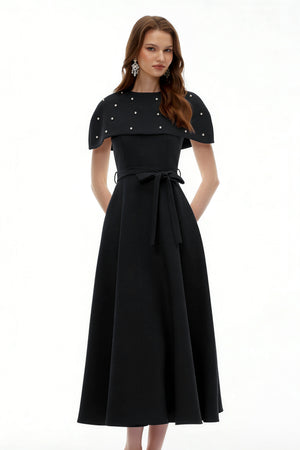 Aurohaya Sawda Black Embellished Midi Dress with Cape