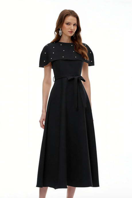 Aurohaya Sawda Black Embellished Midi Dress with Cape
