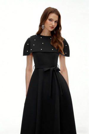 Aurohaya Sawda Black Embellished Midi Dress with Cape