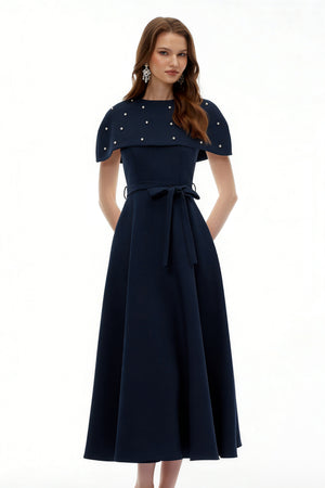 Aurohaya Sawda Blue Embellished Midi Dress with Cape