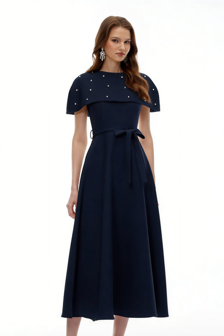 Aurohaya Sawda Blue Embellished Midi Dress with Cape
