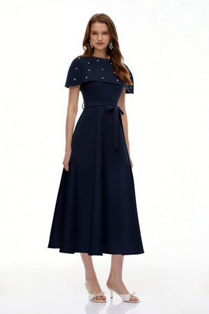 Aurohaya Sawda Blue Embellished Midi Dress with Cape