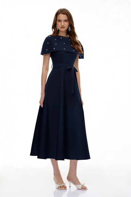 Aurohaya Sawda Blue Embellished Midi Dress with Cape