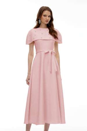 Aurohaya Sawda Pink Embellished Midi Dress with Cape