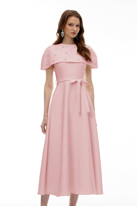 Aurohaya Sawda Pink Embellished Midi Dress with Cape