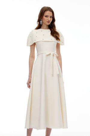Aurohaya Sawda White Embellished Midi Dress with Cape