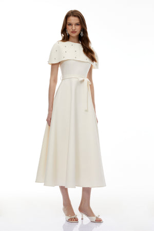 Aurohaya Sawda White Embellished Midi Dress with Cape