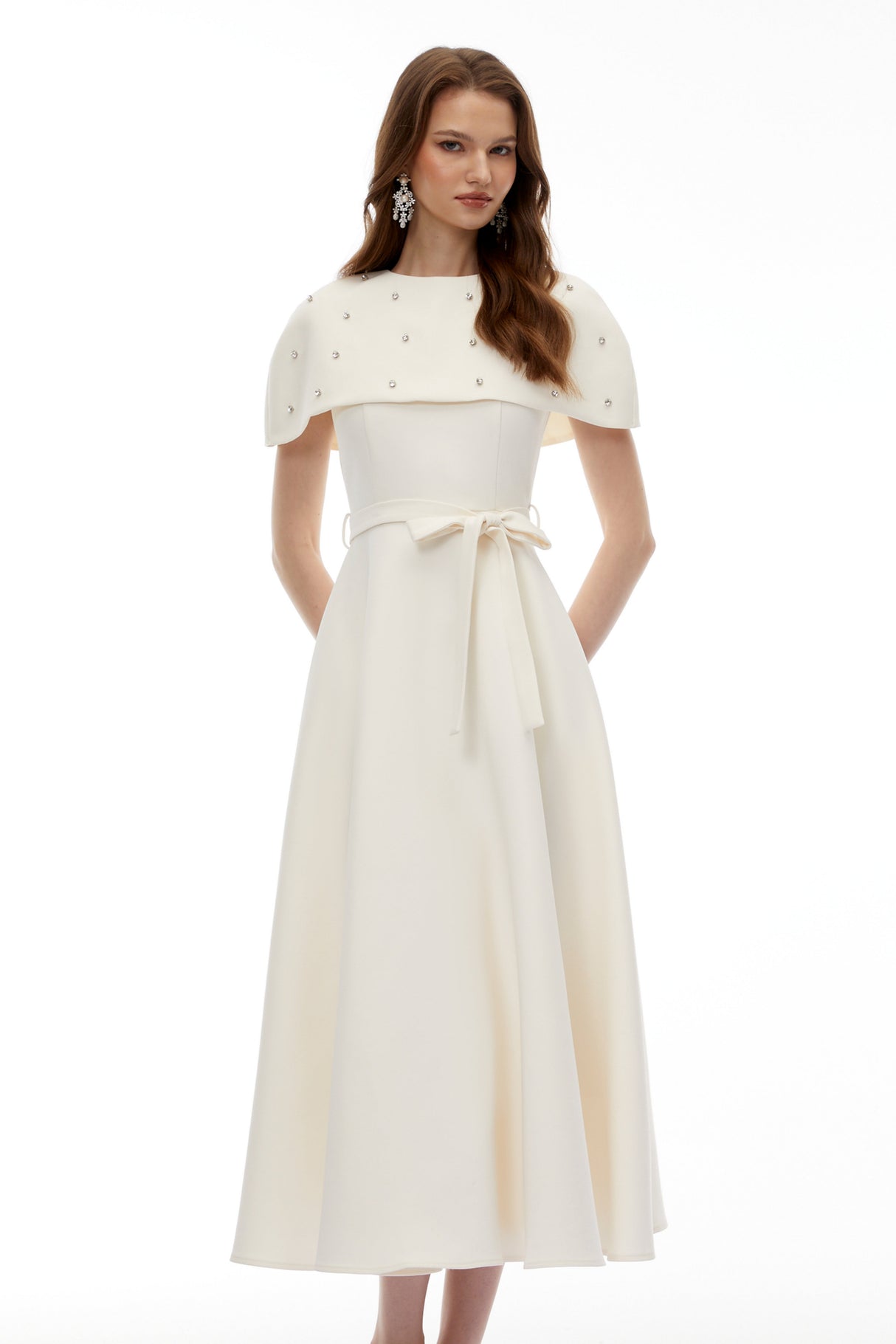 Aurohaya Sawda White Embellished Midi Dress with Cape
