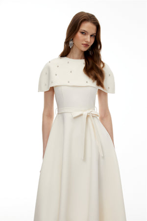Aurohaya Sawda White Embellished Midi Dress with Cape
