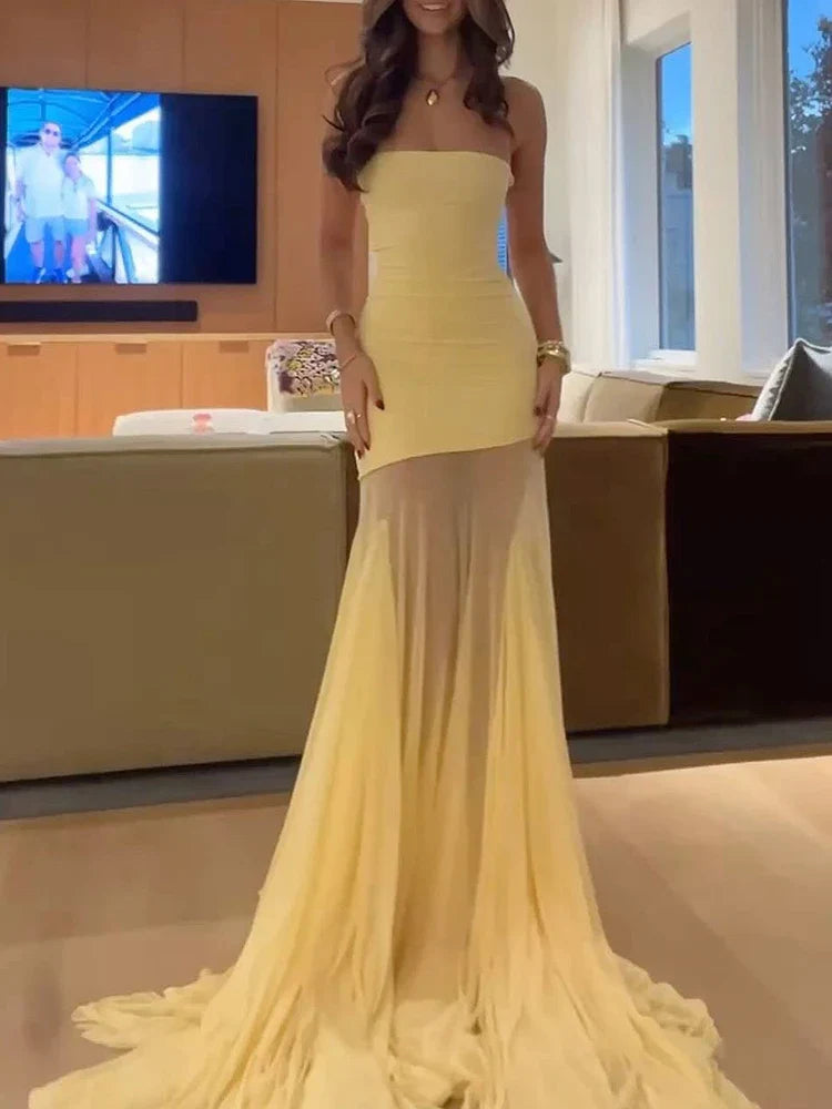 Aurohaya Aimée Strapless Mesh Tulle Maxi Dress