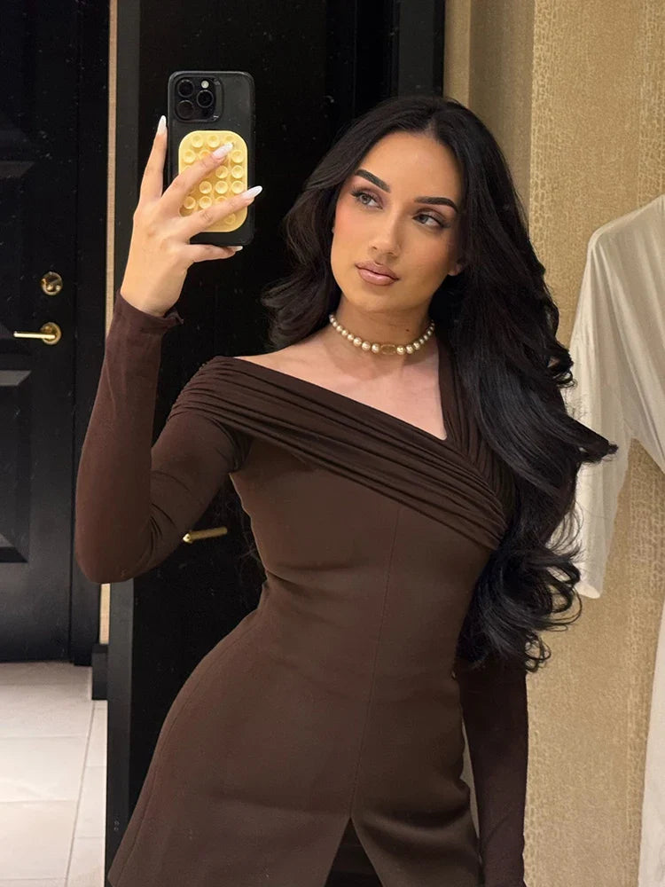 Aurohaya Isabella Asymmetrical One Shoulder Ruched Maxi Dress