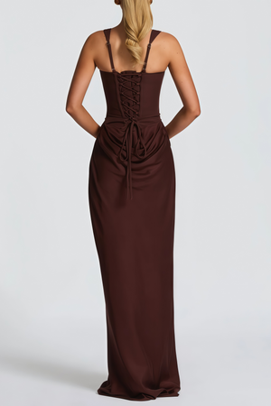 Aurohaya Paulette Brown Ruched Corset Maxi Dress
