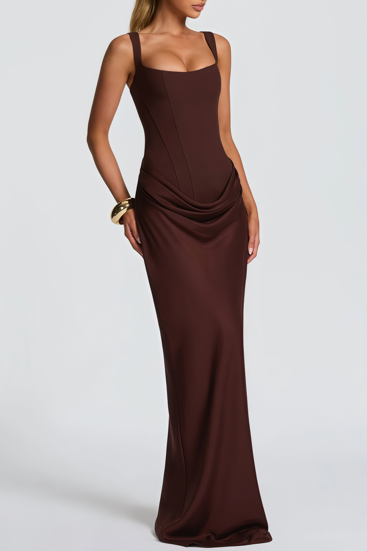 Aurohaya Paulette Brown Ruched Corset Maxi Dress