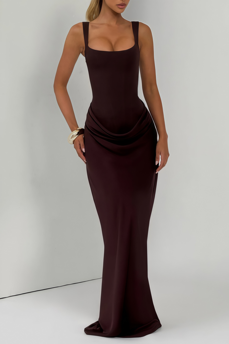 Aurohaya Paulette Brown Ruched Corset Maxi Dress