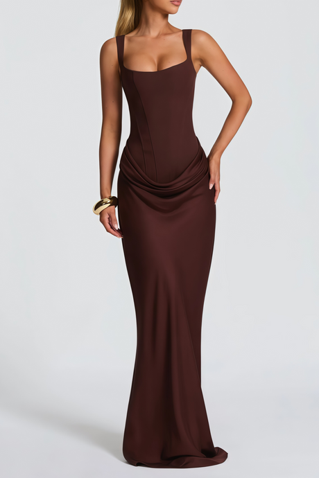 Aurohaya Paulette Brown Ruched Corset Maxi Dress