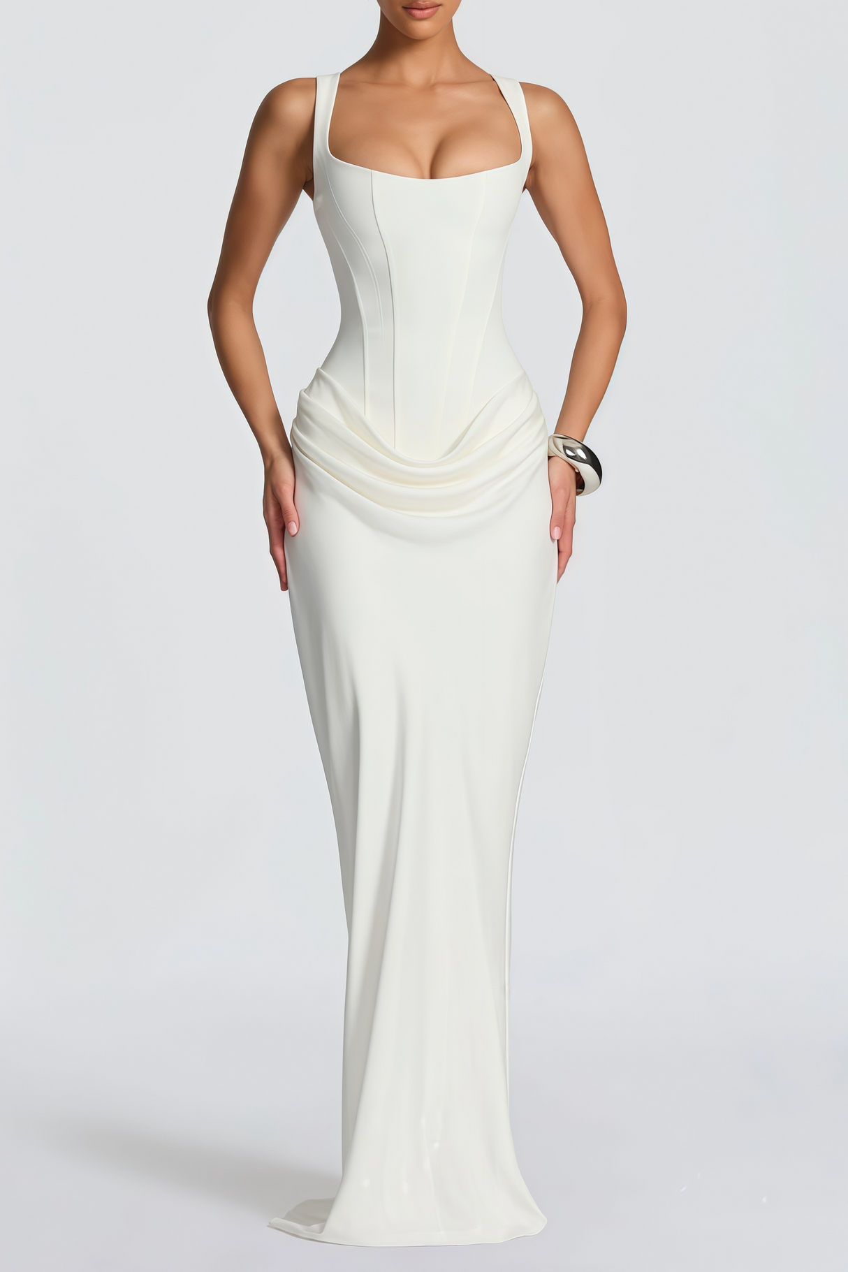 Aurohaya Paulette White Ruched Corset Maxi Dress