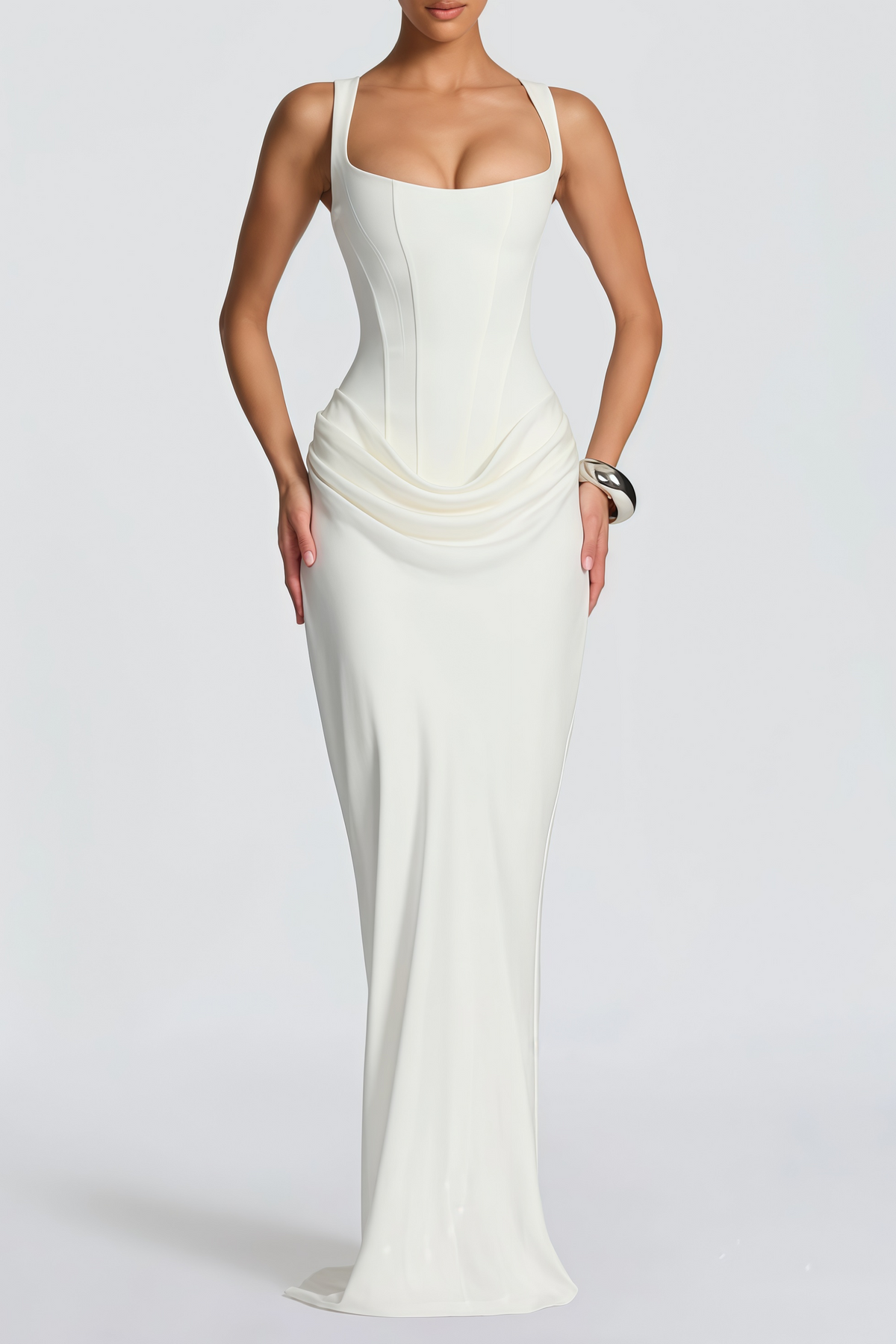Paulette White Ruched Corset Maxi Dress