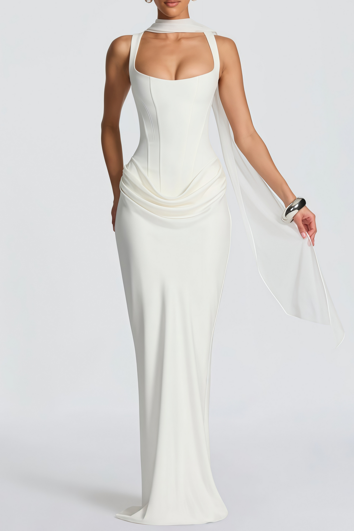 Aurohaya Paulette White Ruched Corset Maxi Dress