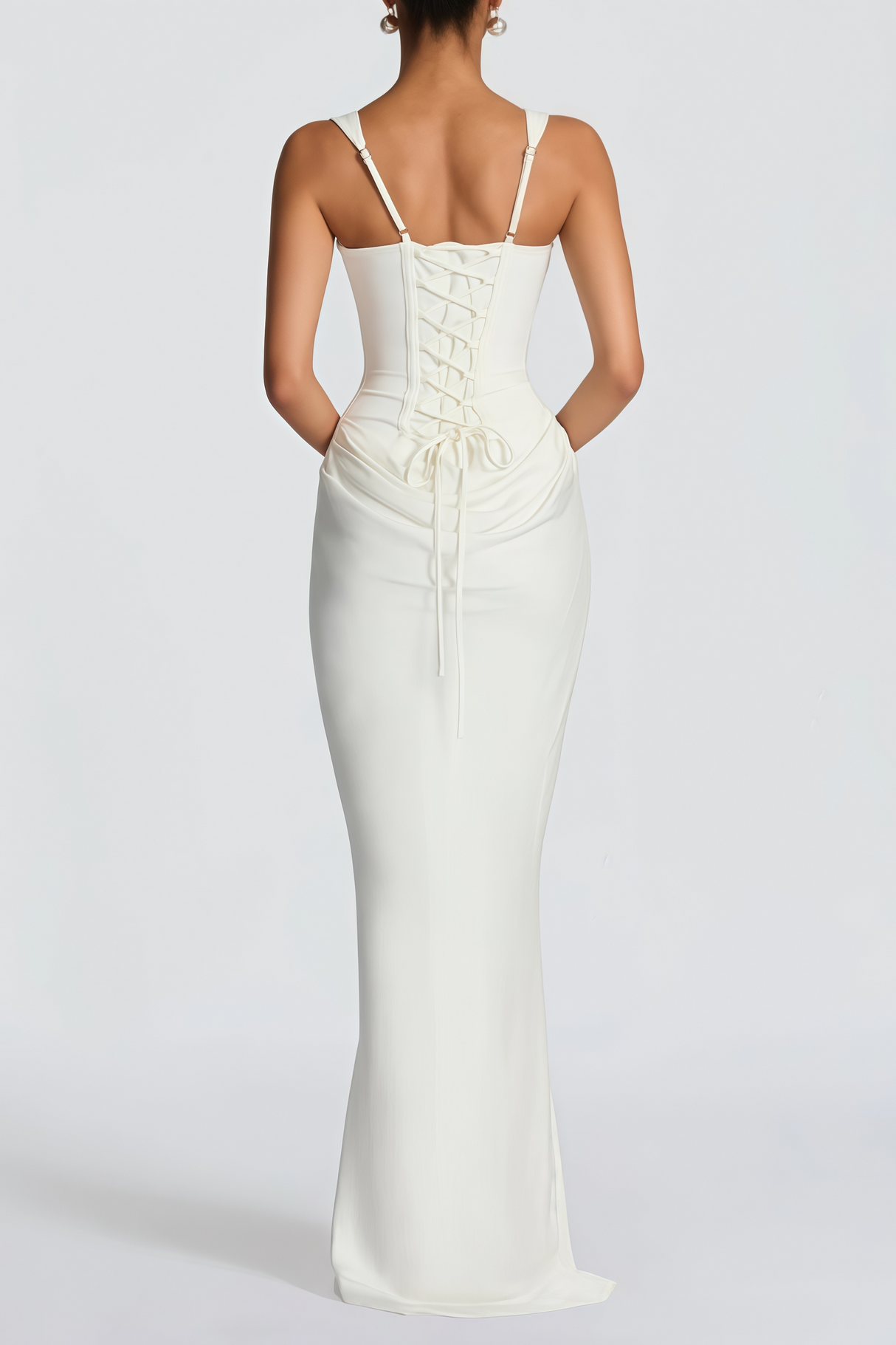 Aurohaya Paulette White Ruched Corset Maxi Dress