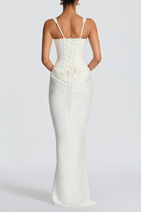 Aurohaya Paulette White Ruched Corset Maxi Dress