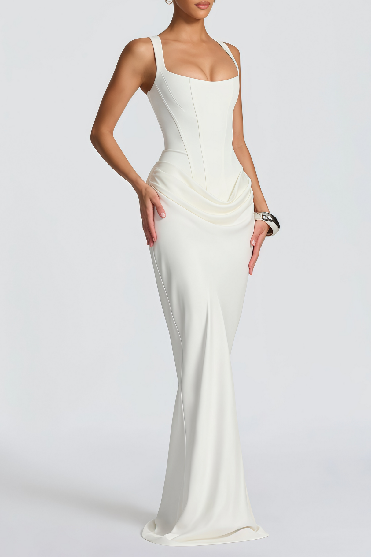 Aurohaya Paulette White Ruched Corset Maxi Dress