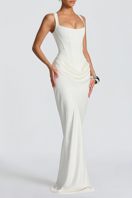 Aurohaya Paulette White Ruched Corset Maxi Dress