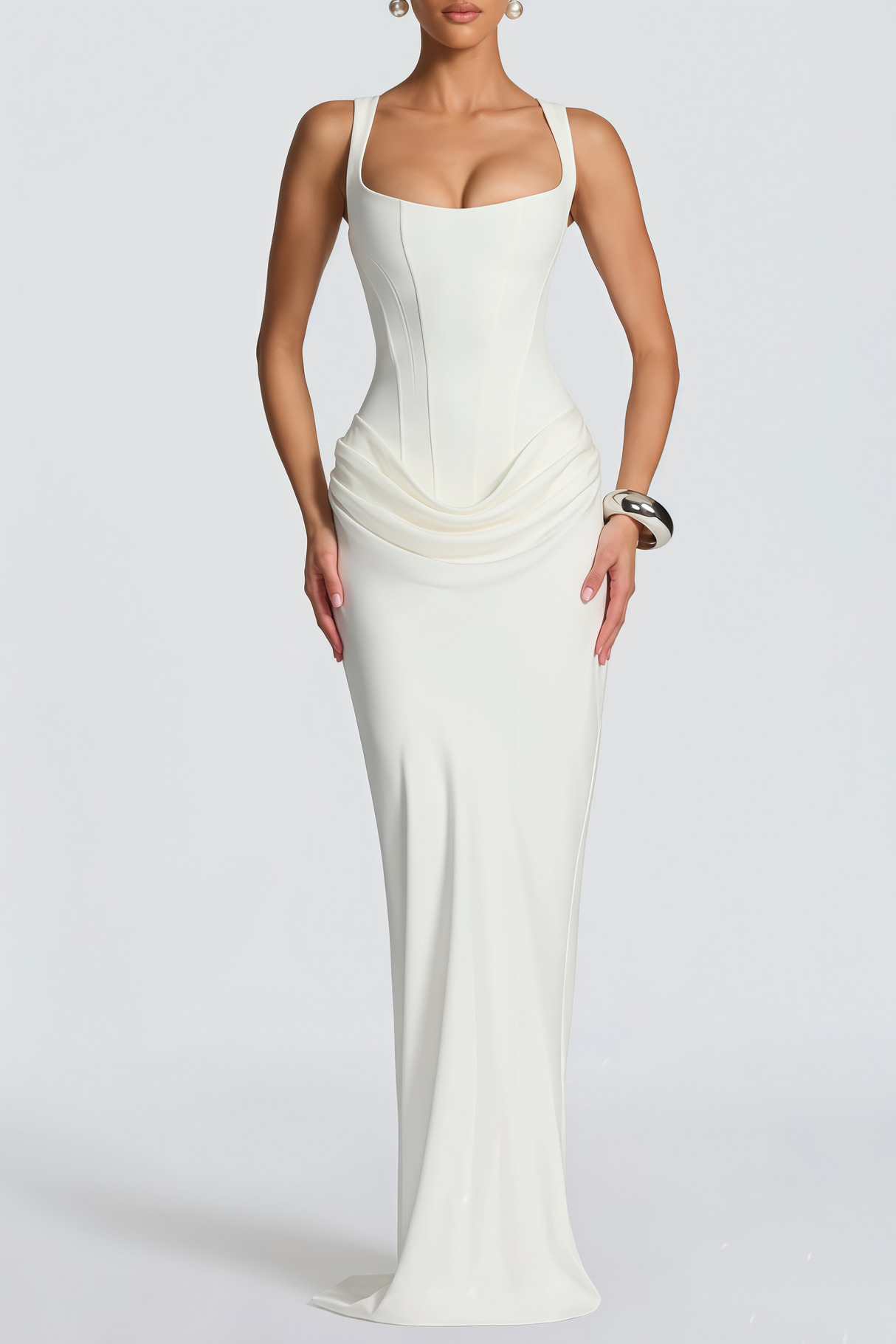 Aurohaya Paulette White Ruched Corset Maxi Dress