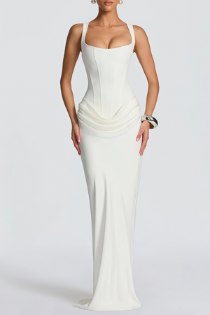 Aurohaya Paulette White Ruched Corset Maxi Dress