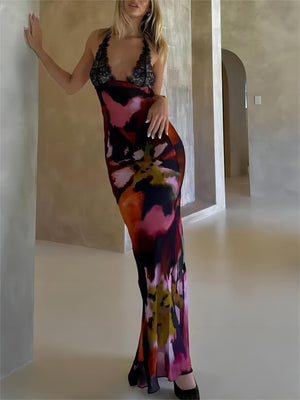 Aurohaya Sexy Deep V Lace Patchwork Printed Auspender Maxi Dress Multicolor