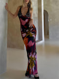 Sexy Deep V Lace Patchwork Printed Auspender Maxi Dress