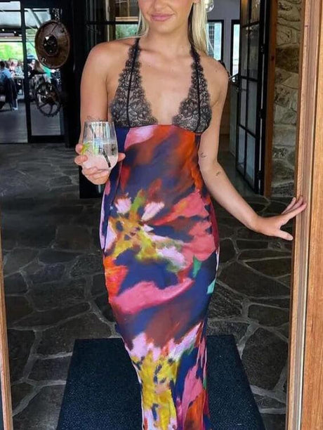 Aurohaya Sexy Deep V Lace Patchwork Printed Auspender Maxi Dress