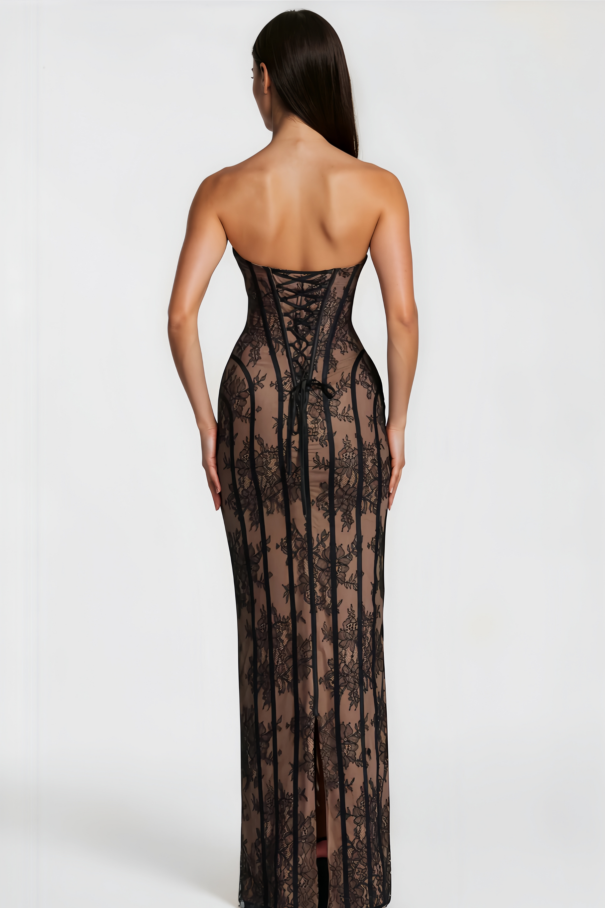 Aurohaya Urszula Black Floral Lace Corset Maxi Dress