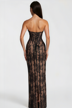 Aurohaya Urszula Black Floral Lace Corset Maxi Dress