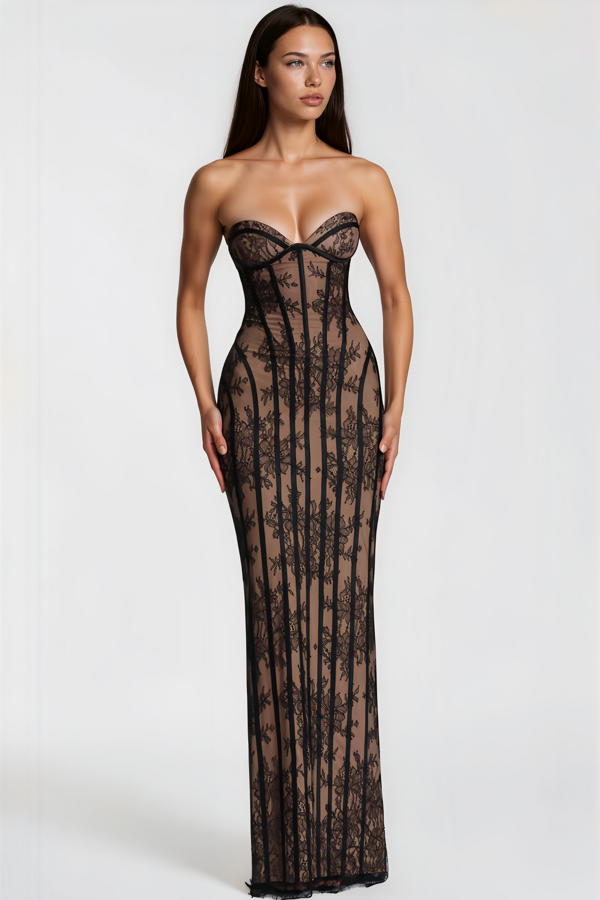 Aurohaya Urszula Black Floral Lace Corset Maxi Dress
