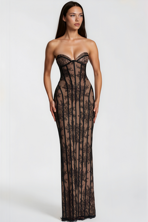 Aurohaya Urszula Black Floral Lace Corset Maxi Dress