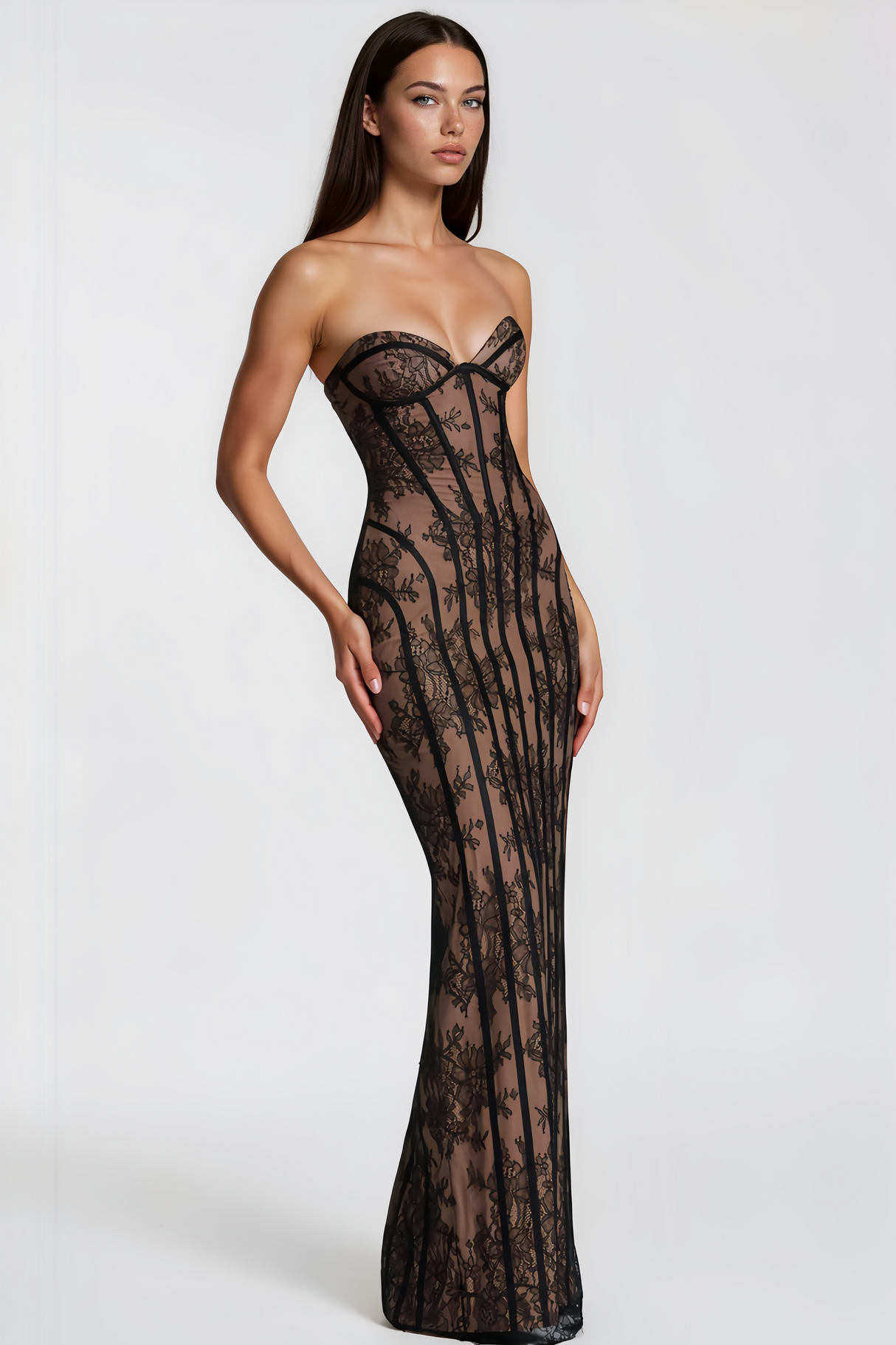 Aurohaya Urszula Black Floral Lace Corset Maxi Dress