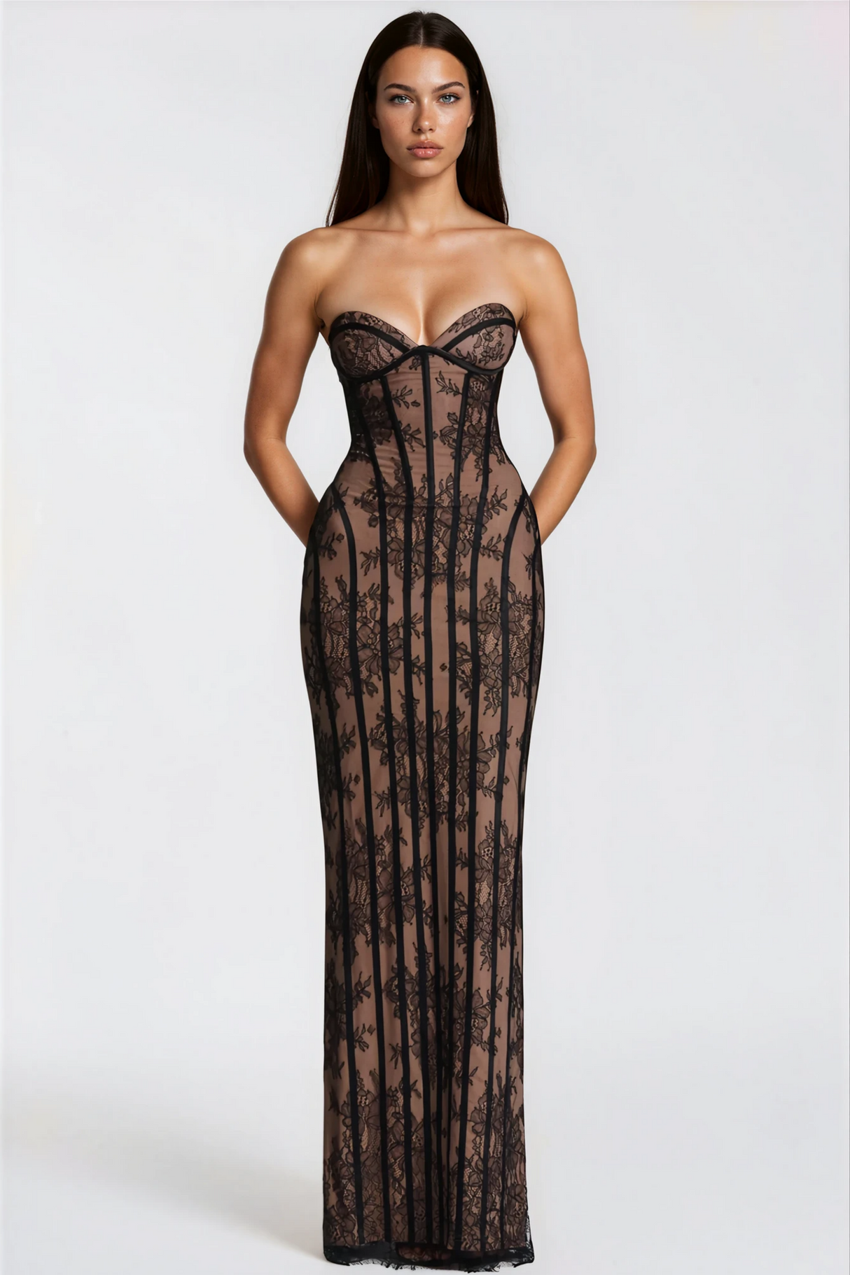 Aurohaya Urszula Black Floral Lace Corset Maxi Dress