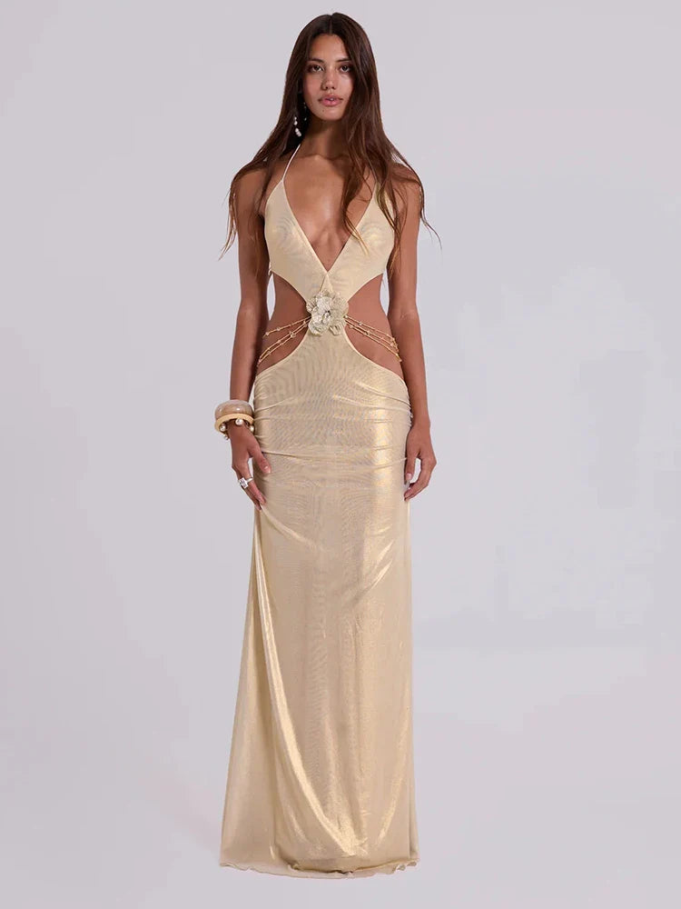Aurohaya Roxane Satin Halter Neck Cutout Maxi Dress