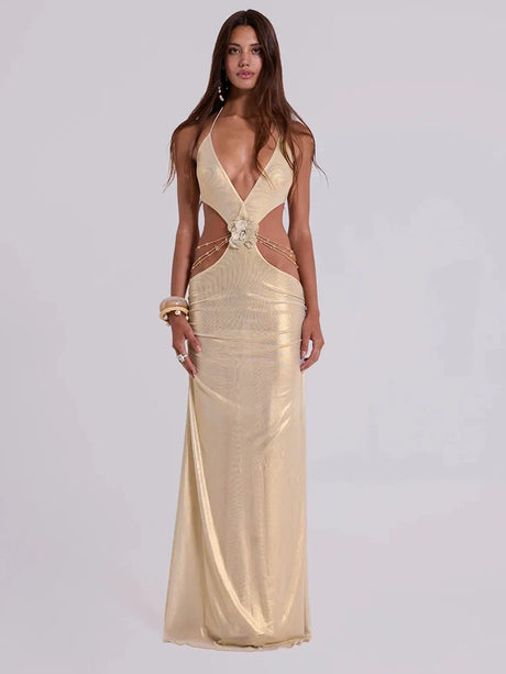 Aurohaya Roxane Satin Halter Neck Cutout Maxi Dress