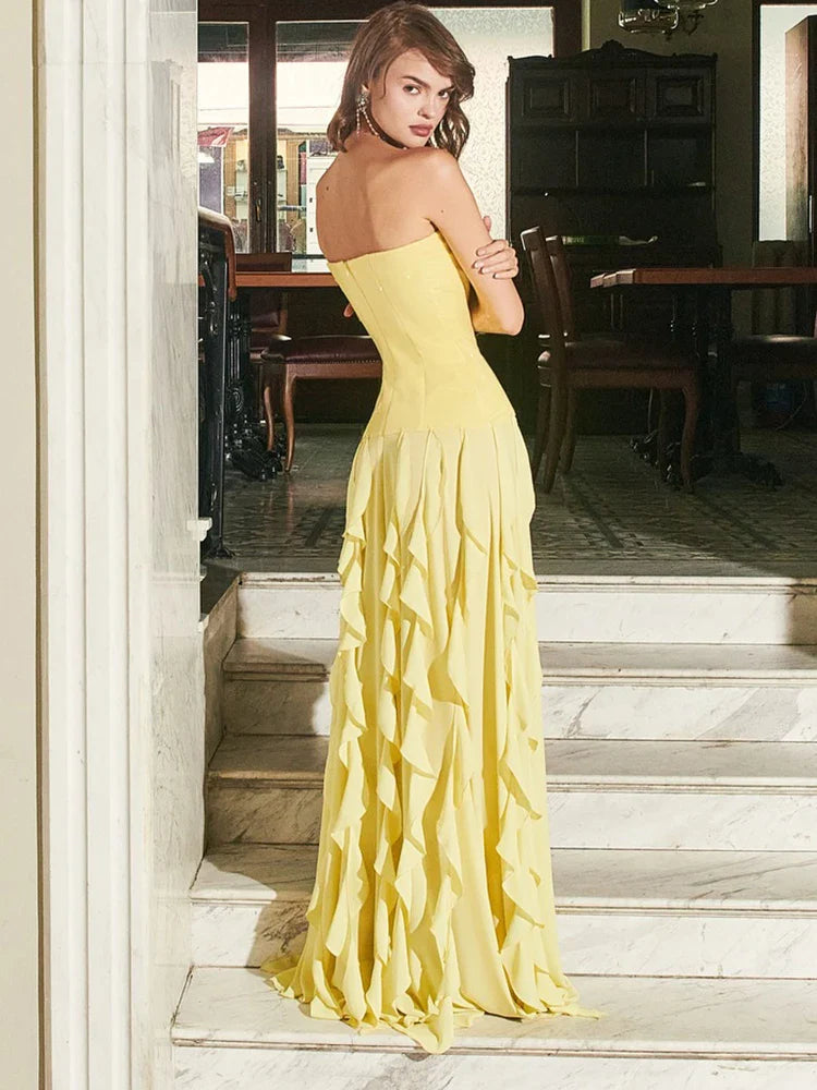 Aurohaya Geneviève Strapless Ruffled Maxi Dress