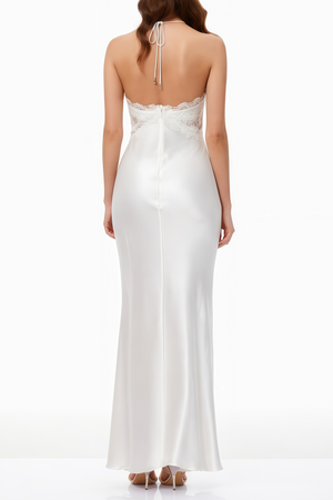 Aurohaya Selene White Lace Panel Satin Maxi Dress