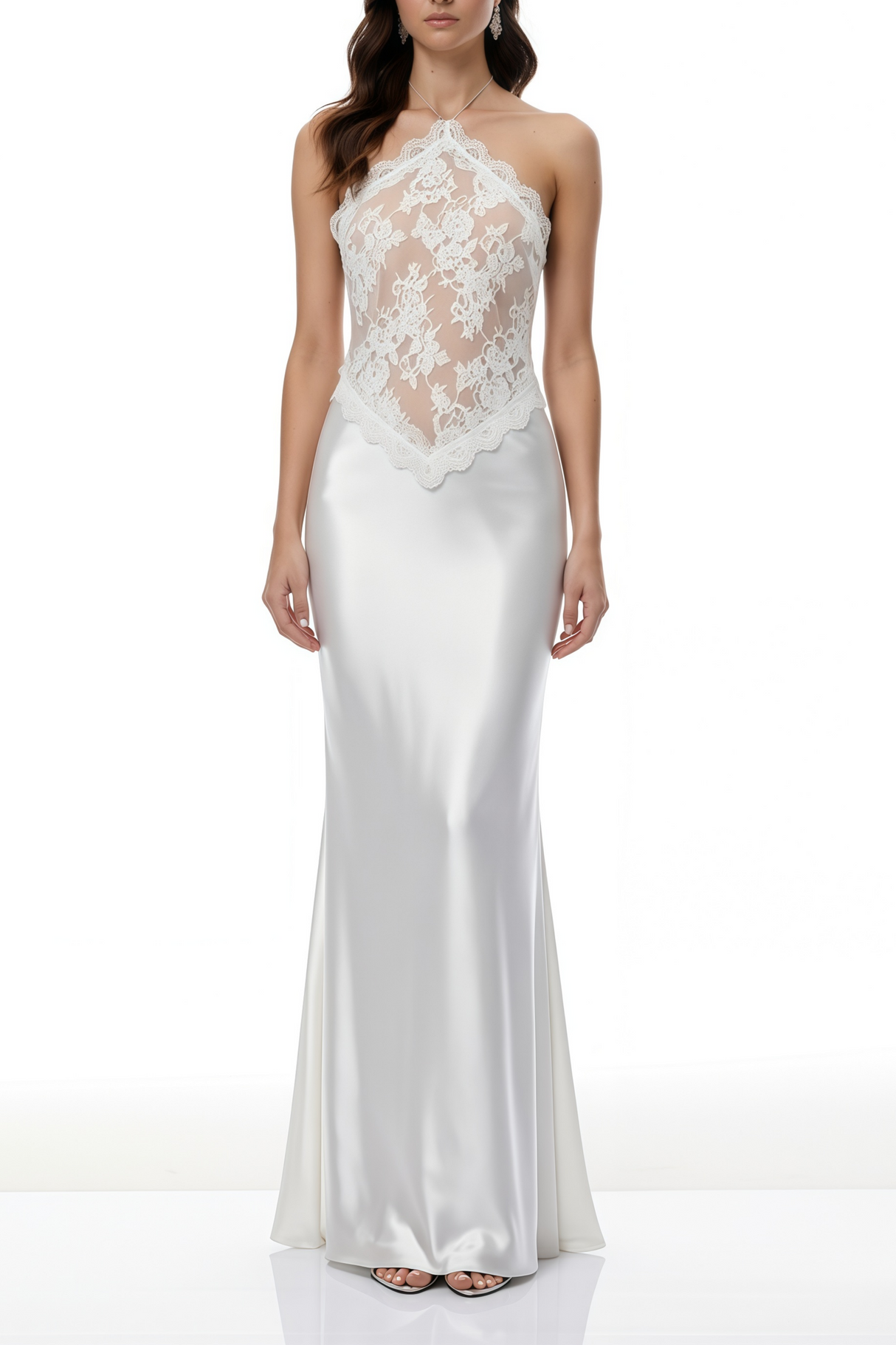 Aurohaya Selene White Lace Panel Satin Maxi Dress