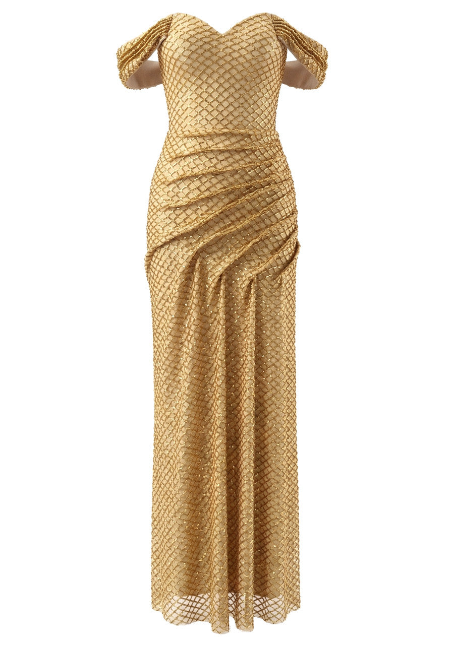 Sequin Bardot Maxi Dress Gold