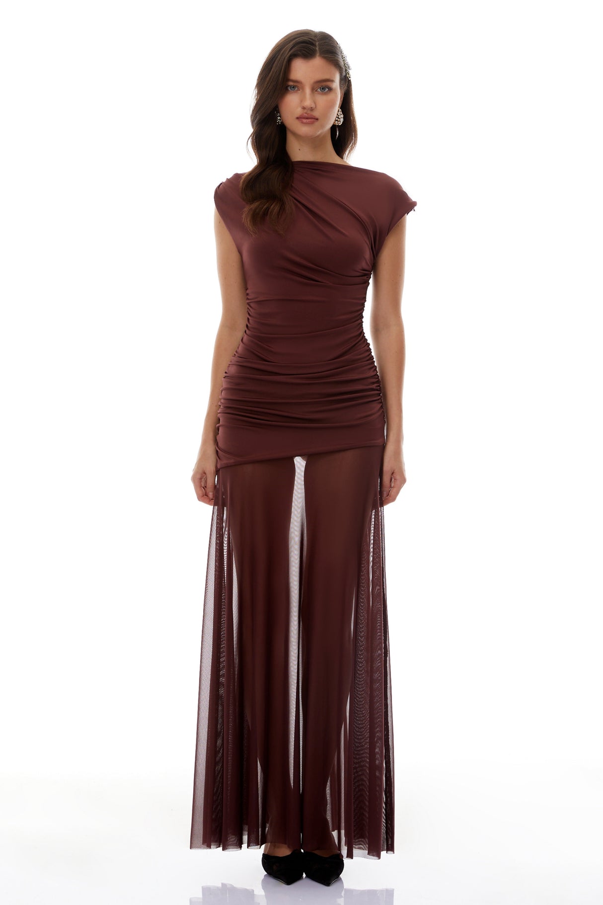 Aurohaya Seren Brown Ruched Tulle Panel Maxi Dress