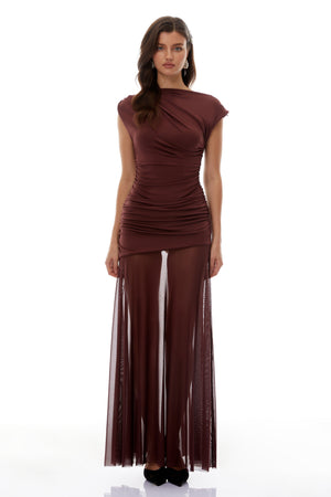 Aurohaya Seren Brown Ruched Tulle Panel Maxi Dress