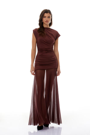 Aurohaya Seren Brown Ruched Tulle Panel Maxi Dress