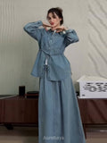 Single-Breasted Long Sleeve Top & Loose Flared Maxi Dress 2 Piece Set