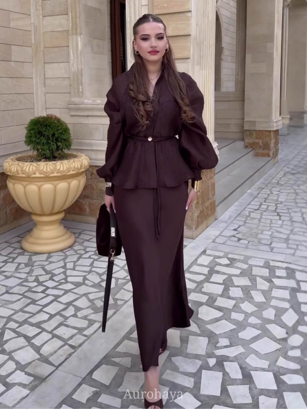 V-Neck Waist-Cinching Cardigan & High-Waist Skirt 2-Piece Set