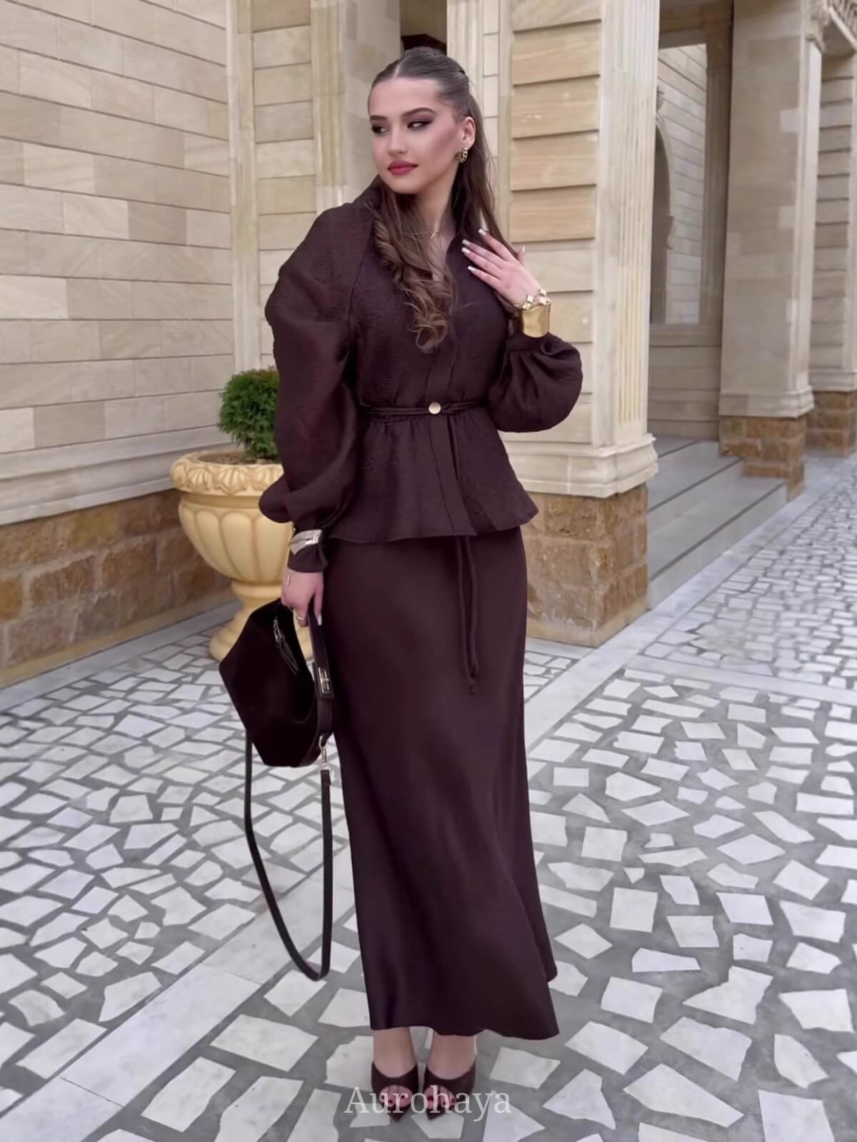 V-Neck Waist-Cinching Cardigan & High-Waist Skirt 2-Piece Set