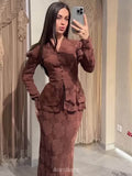 Long Sleeve Fitted Dress Set — Peplum Top & Slim Maxi Skirt